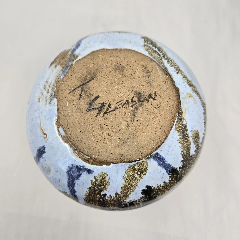 Studio Pottery Signed T. Gleason Earth Tones Blues & Browns Glazed Vase Medium